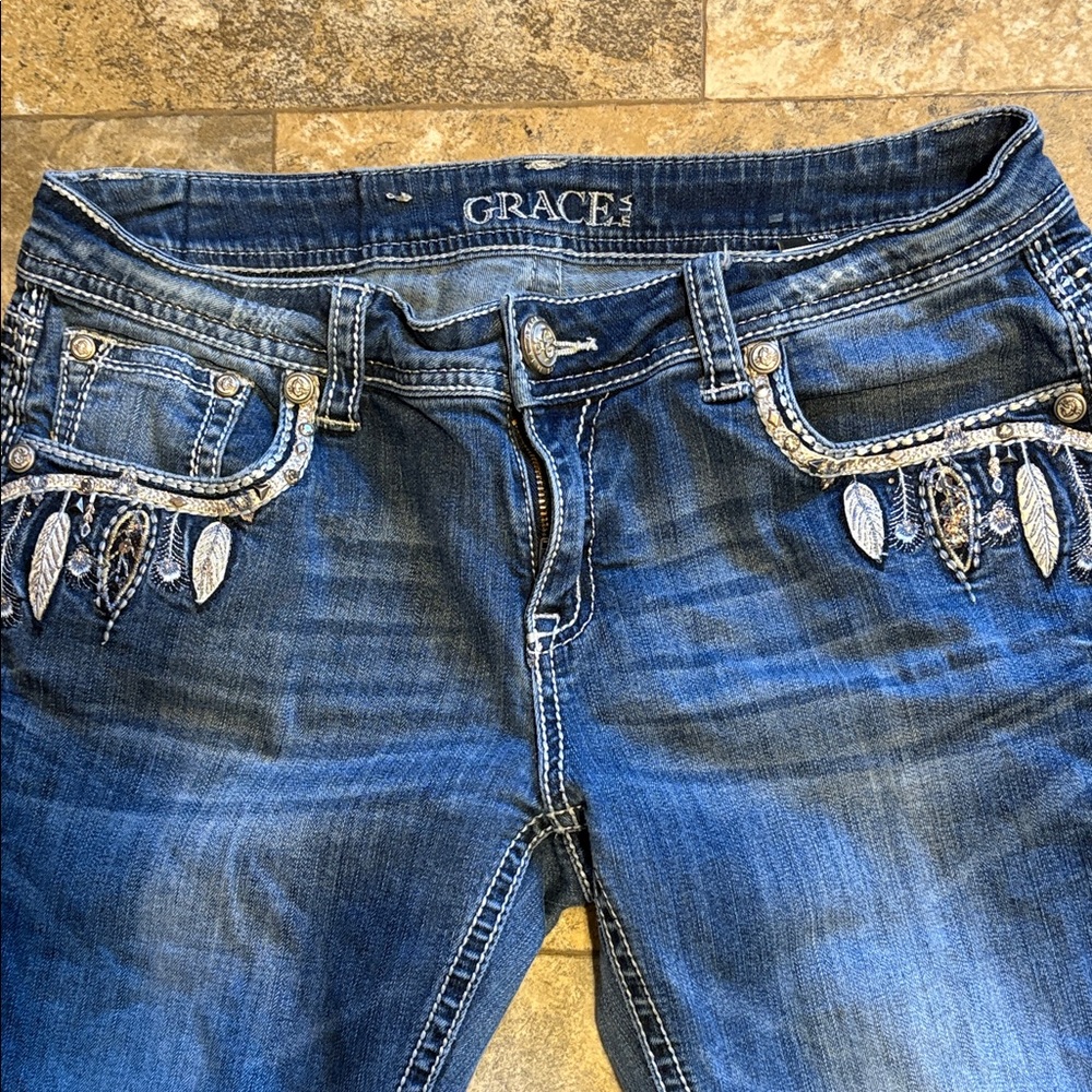 Grace in LA Womens Bootcut Jeans Feather Dreamcatcher Bling Western Y2K Size 31 - Picture 7 of 14
